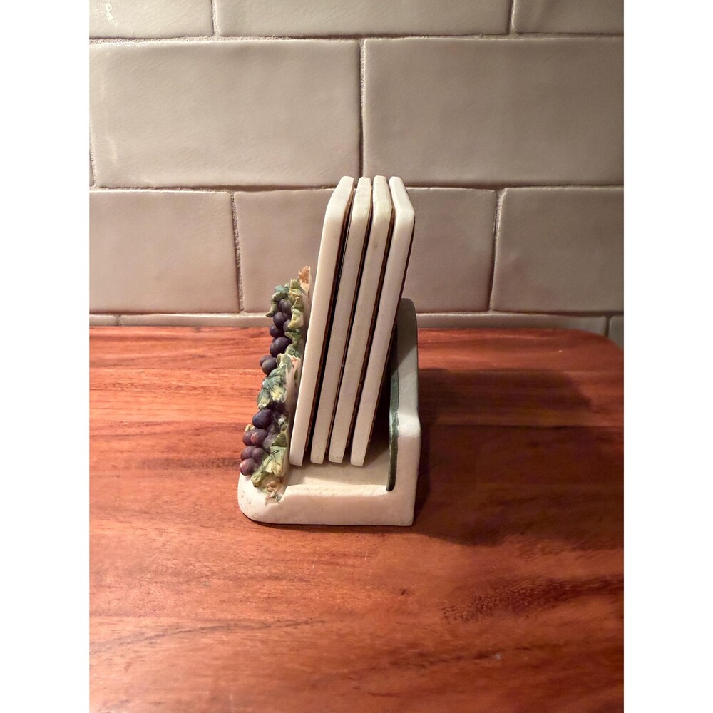 Vintage A. Richesco Corp Grapevine Coaster Set Ceramic 3D Grapes w/ Holder 5pc